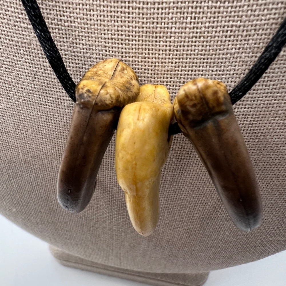 3 Claw Tooth Pendant Necklace Tribal Boho Primitive Style Black Cord Unisex - Picture 5 of 10